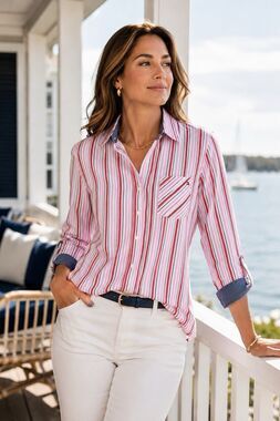 Tommy Hilfiger Women’s Striped Button-Up Shirt Size M | Classic Roll-Tab Sleeve